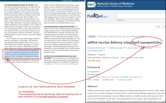 Skärmdump av vetenskapligt dokument och PubMed-sida om mRNA-vaccinteknik med betoning på lipidnanopartiklar.