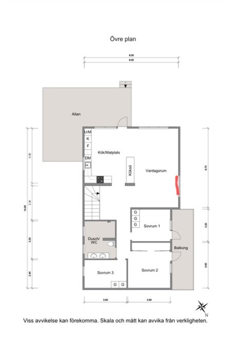 Planritning över ett övre plan i en villa med markerade positioner för luftvärmepumpar och rumsuppdelning.