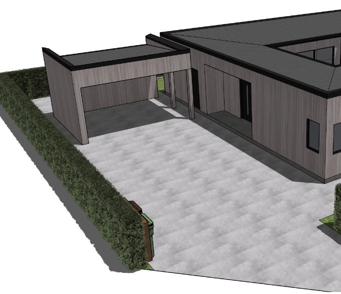 3D-modell av en planerad carport kopplad till ett modernt hus, med två väggar och öppen framsida.