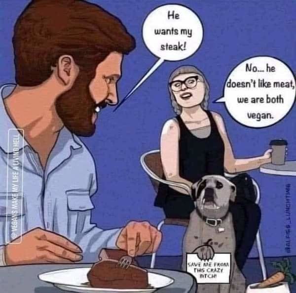 Tecknad bild av man som äter steak, kvinna som hävdar att de är veganer, och hund med skylt som ber om hjälp.