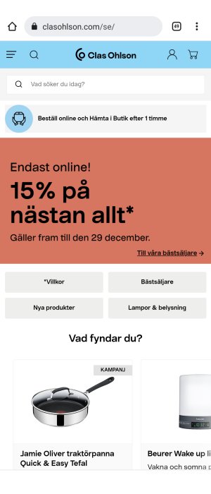 Reklamsida från Clas Ohlson som erbjuder 15% rabatt online, med produkter som Jamie Oliver stekpanna.