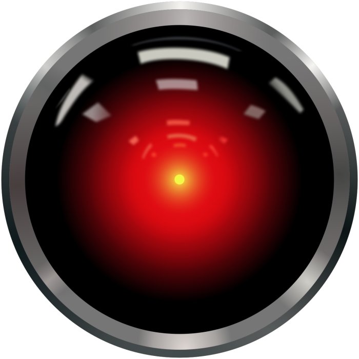 Grafisk framställning av en röd lysande AI-ögla som liknar HAL 9000.