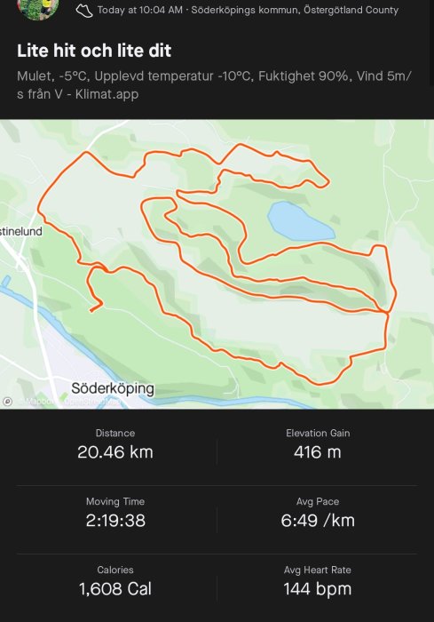 Skärmdump av löprutt med statistik inklusive distans, tid, kaloriförbrukning och puls.