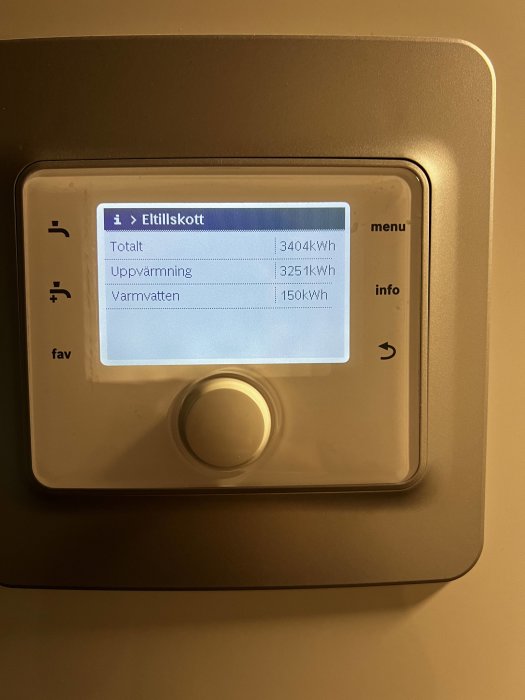 Display på en värmepumps styrpanel som visar förbrukningen: Totalt 3404 kWh, Uppvärmning 3251 kWh, Varmvatten 150 kWh.