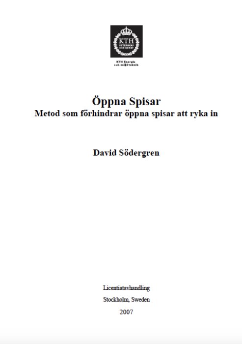 Omslag till licentiatavhandlingen "Öppna Spisar" av David Södergren från KTH, publicerad 2007.