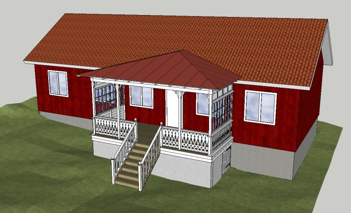 3D-ritning av en röd sommarstuga med planerad farstukvist, valmat tak och återanvända sidofönster.