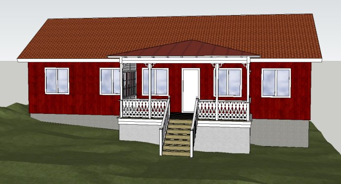 3D-ritning av planerad farstukvist till röd sommarstuga med murad grund och valmat tak.