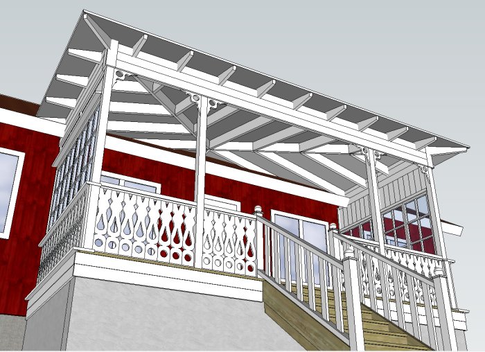3D-ritning av en tillbyggd farstukvist med synliga takstolar, röd fasad och fönster.