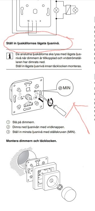 Illustration av instruktioner för installation av en dimmer med markeringar och text.