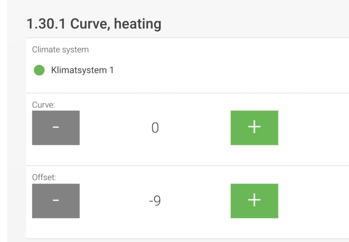 Skärmdump av inställningar för värmekurva med Klimatsystem 1 och justerbara värden för Curve och Offset.