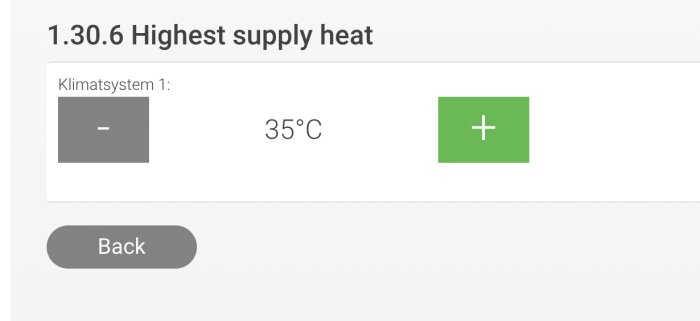 Skärmbild av gränssnitt för klimatsystem med inställning för 'Högsta tillförselvärme', visande 35°C och justeringsknappar.