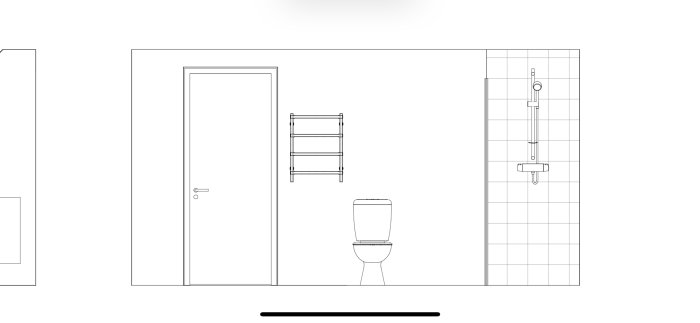 Ritning av ett badrum med toalett, handdukstork och duschplats, med platsförslag för renovering.