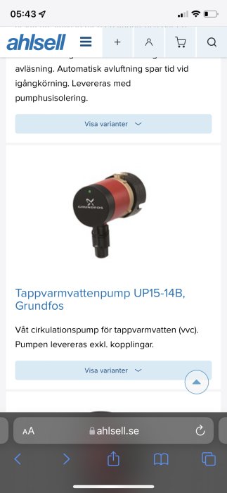 Grundfos UP15-14B tappvarmvattenpump utan kopplingar på en skärmdump från Ahlsell.se.