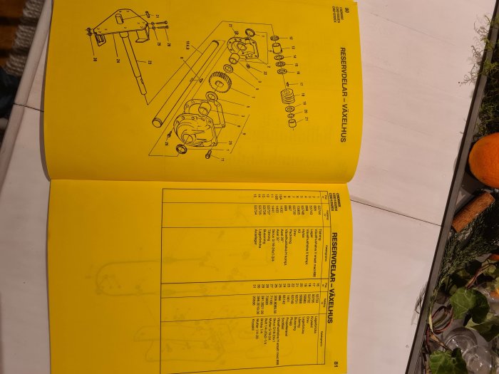 Uppslagen sida från reservdelskatalog med diagram och listor över växelhusdelar.