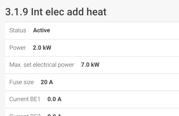 Skärmdump som visar status för en värmepumps elektriska tillskottsvärme, aktivt med 2.0 kW effekt och 0.0 A ström.