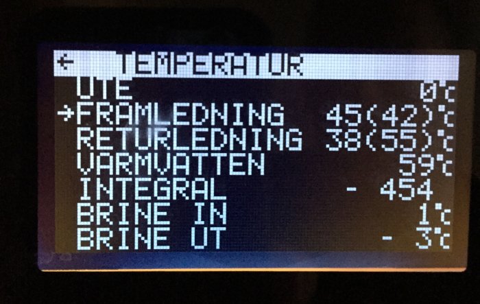 Display av värmesystem som visar temperaturer och inställningar på Uponor Smatrix wave.