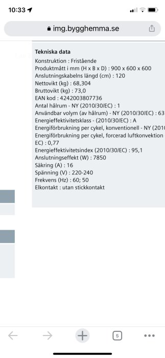 Skärmdump som visar tekniska specifikationer för en fristående enhet, inklusive mått och energiförbrukning.
