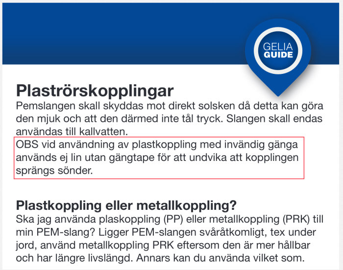 Skärmdump av en guide som varnar för att inte använda lin för att täta plaströrskopplingar med invändig gänga för att förhindra sprickor.