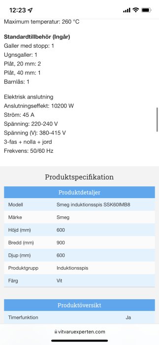 Skärmdump som visar specifikationerna för en Smeg induktionsspis med modellnummer och elanslutningskrav.