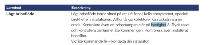 Skärmdump som visar en tabell med en larmtext om lågt brineflöde och dess beskrivning på hur man åtgärdar det.