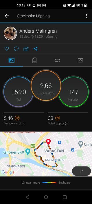 Skärmdump från en löparapp visar tid, distans, kaloriförbrukning och karta över löprundan.