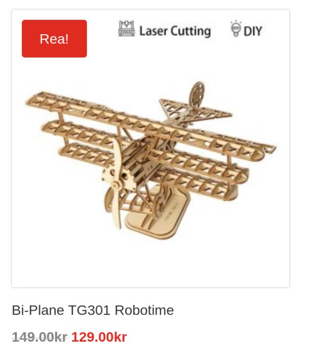 Trämodell av ett biplan märkt "Bi-Plane TG301 Robotime" med reducerat pris visat, DIY och laser cutting symboler.