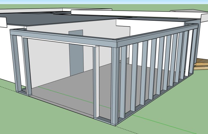 3D-modell av garage stomme med 45x145 reglar, dubbla stående reglar vid en öppning och avväxling.