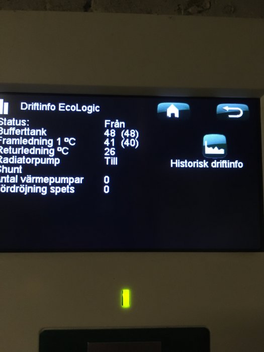 Display på EcoLogic värmesystem som visar driftinformation, temperaturer och pumpstatus.