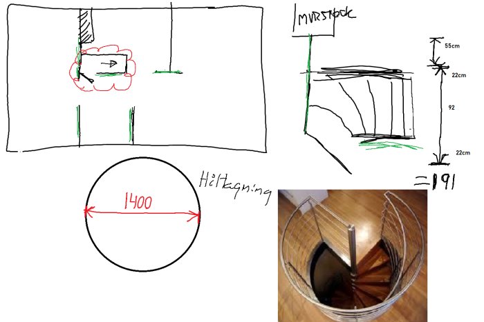 Ritning av husplan med markerade bärande väggar och förslag på spiraltrappa.