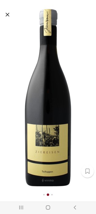 Flaska tyskt pinot noir-vin från Ziereisen, modell Tschuppen, svart flaska med gul etikett.