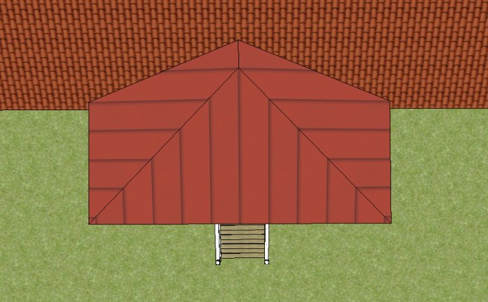 Schematisk illustration av takstolar på en byggnad sett från fågelperspektiv.