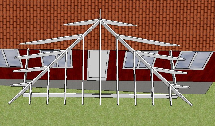 Illustration av en byggnad med planerade takstolar sett uppifrån.