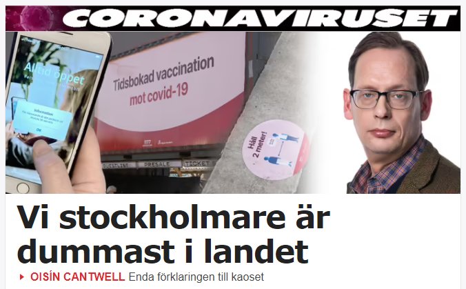 Skärmdump av artikel med titeln "Vi stockholmare är dummast i landet" och en person som håller i en telefon.