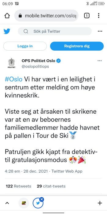 Skärmdump av en Twitter-uppdatering från OPS Politiet Oslo om en händelse i en lägenhet relaterad till höga kvinnoskrik.