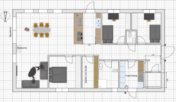 Plant ritning av ett hus med vardagsrum, matplats, sovrum och kök, orienterat efter väderstrecken.