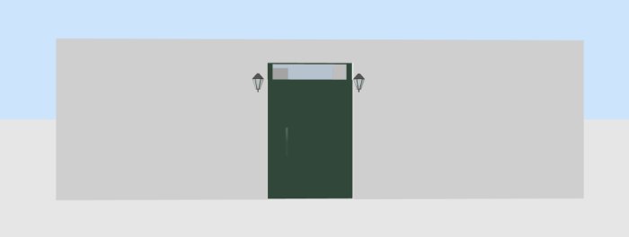 Schematisk framställning av husfasad med central pardörr och två vägglampor.