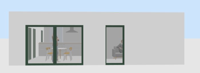 Skiss av husfasad som visar anpassad planlösning med mindre vardagsrum och matplats.