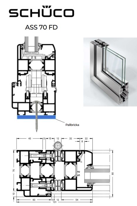 Tekniska ritningar av Schüco ASS 70 FD vikdörrsprofil, längdsnitt och detaljvyer med måttangivelser.