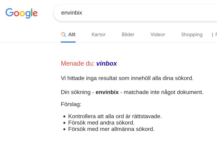 Google-sökresultatsida som visar "Inga resultat" för sökordet "envinbix" med förslaget "Menade du: vinbox".