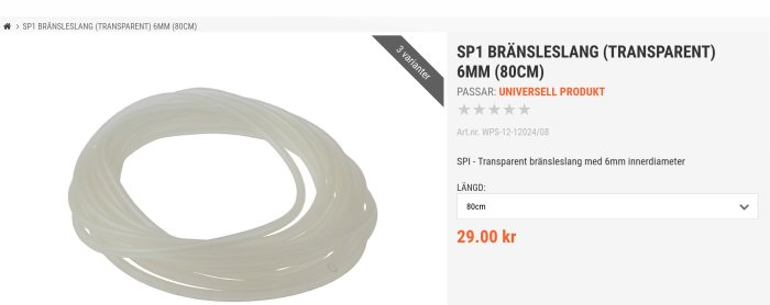 Transparent bränsleslang på 80 cm rullad i en loop.