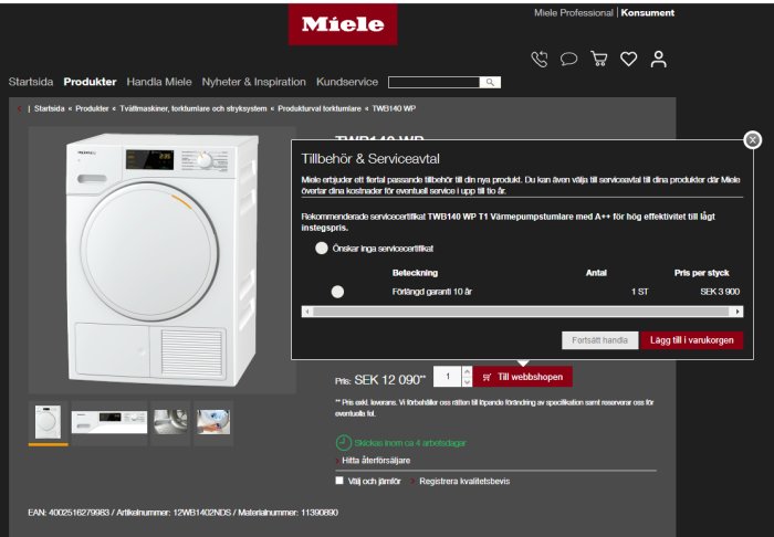 Skärmdump av Mieles webbsida som visar en torktumlare med val för 10 års förlängd garanti för 3900 kr.
