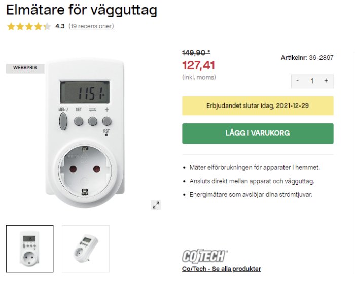 Elmätare för vägguttag med digital display och funktionsknappar, prisinformation och varukorgsknapp.