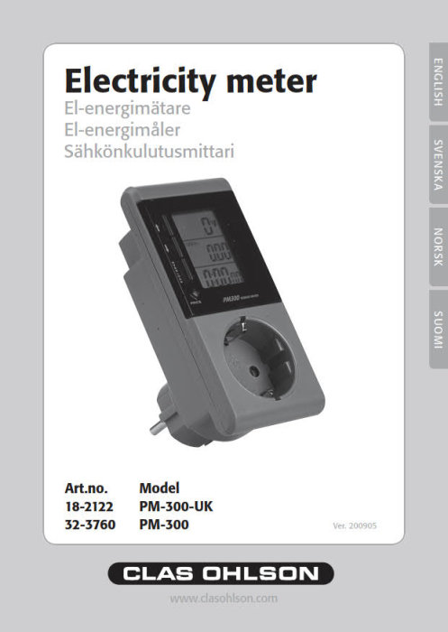 Grå elanvändningsmätare PM300 med display från Clas Ohlson för mätning av elkonsumtion.