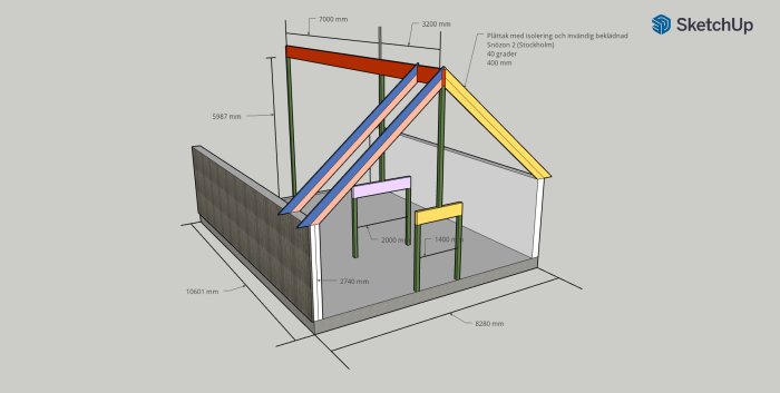 3D-modell av en planerad tillbyggnad med måttangivelser för tak och avväxlingsbalkar.