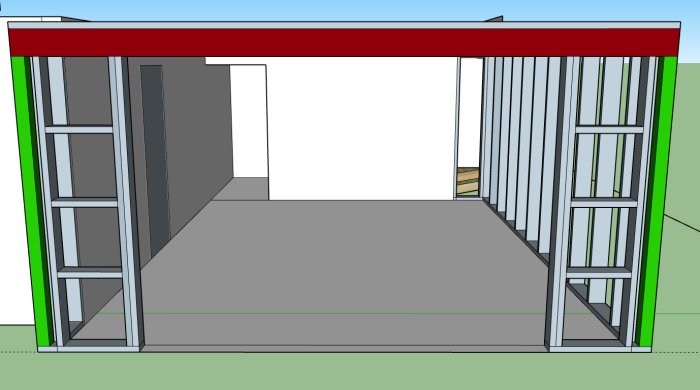 3D-modell av en byggnadskonstruktion med två rödmarkerade limträbalkar och två grönt markerade stödpelare.