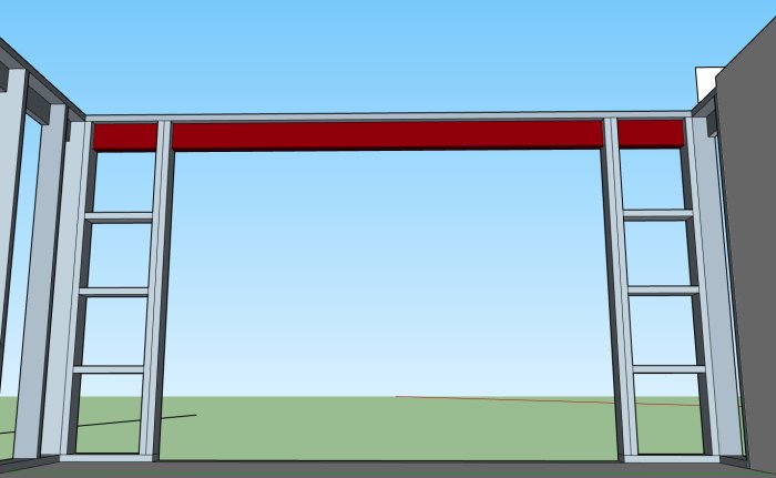 3D-modell av en byggnadskonstruktion med två röda limträbalkar och två gröna pelare vid en portöppning.