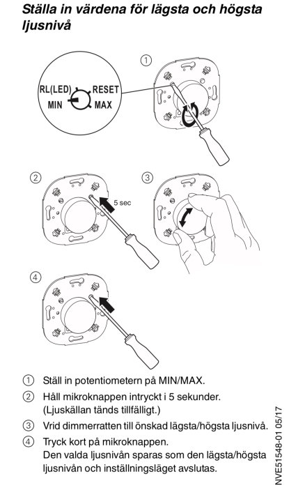 Instruktionsillustration för inställning av min/max värden på en dimmer med steg-för-steg instruktioner.