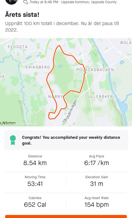 Kartskärmdump av löprunda på 8.54 km i Uppsala med statistik: hastighet, tid, kaloriförbrukning, höjdvinst och hjärtfrekvens.