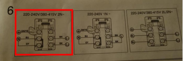 Kopplingsschema för induktionshäll med markering på 2-fasanslutning.