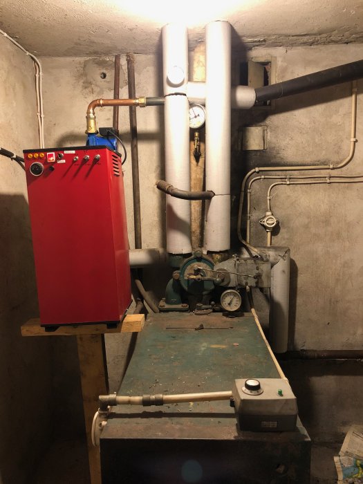 Värmesystem med röd panna, cirkulationspump och rörledningar i ett källarutrymme.